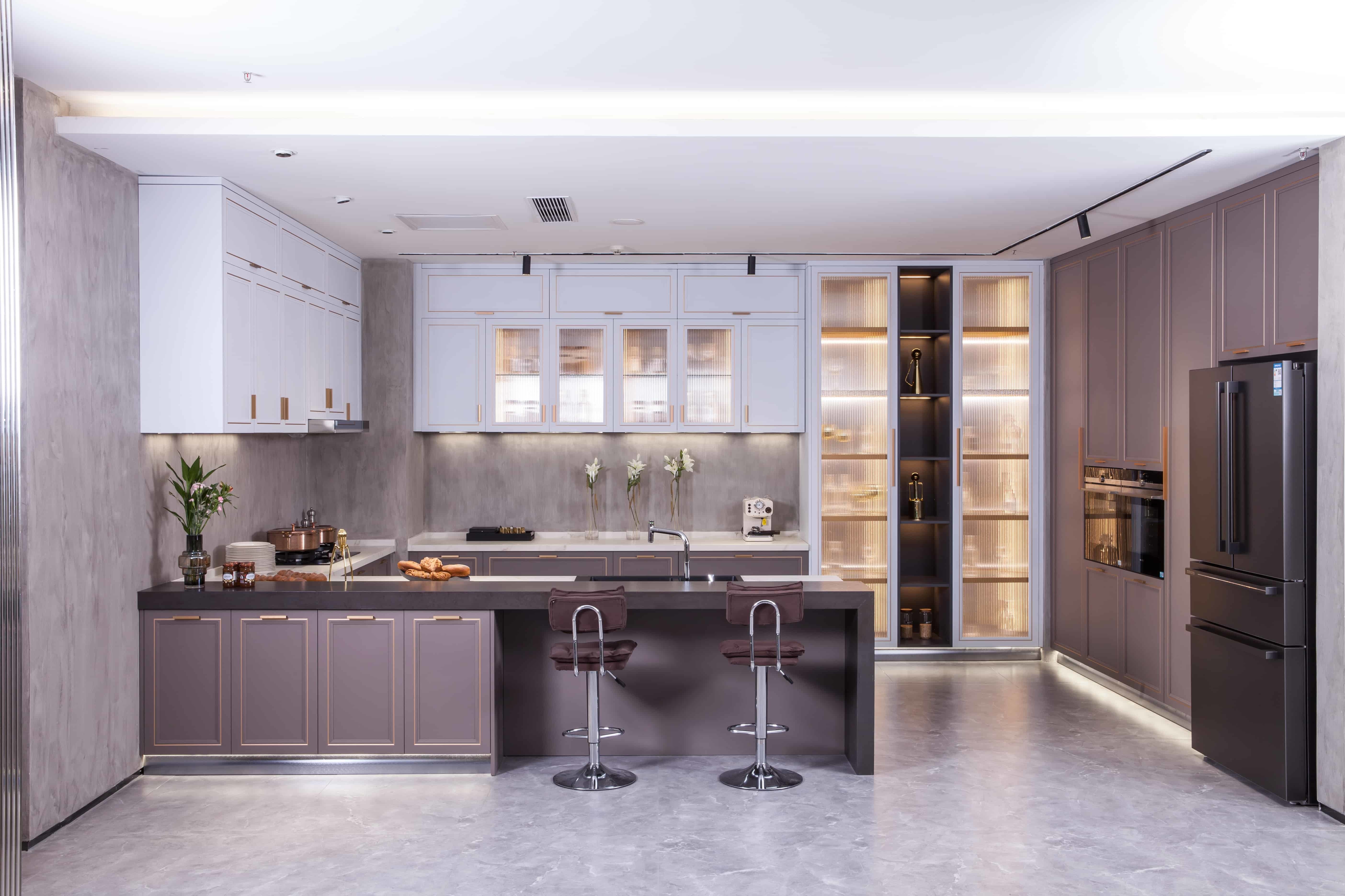 Quality Modern Grey Brass - Trimmed Kitchen Cabinets - Island - Glass Storage for sale