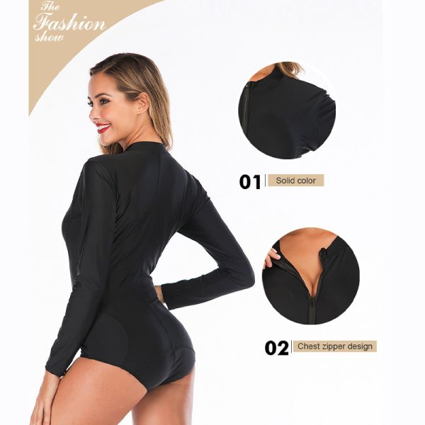 Neoprene Womens Long Sleeve One Piece Swimsuit Nylon Black Zipper Bathing Suit