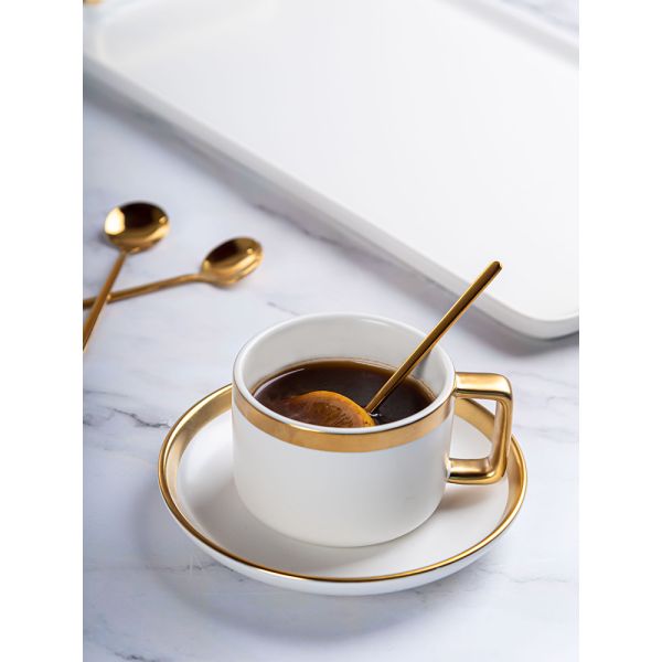 Matte White Ceramic Porcelain Coffee Tea Cups Saucers Sets With Gold Handle 250ml Volume