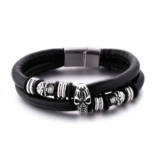 High Quality Stainless Steel Skeleton Skull Bracelet Men Vintage Jewelry Wholesale Black Leather Bracelets