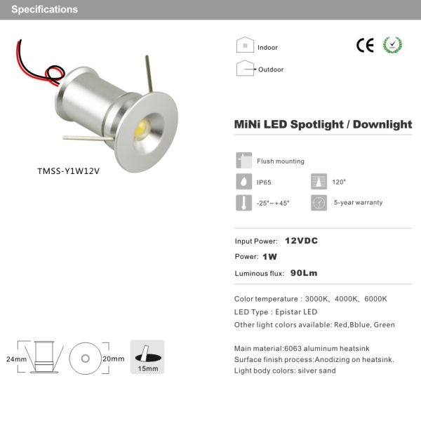 DC12V Waterproof IP65 recessed Mini LED light 1W Spotlight Ceilling light