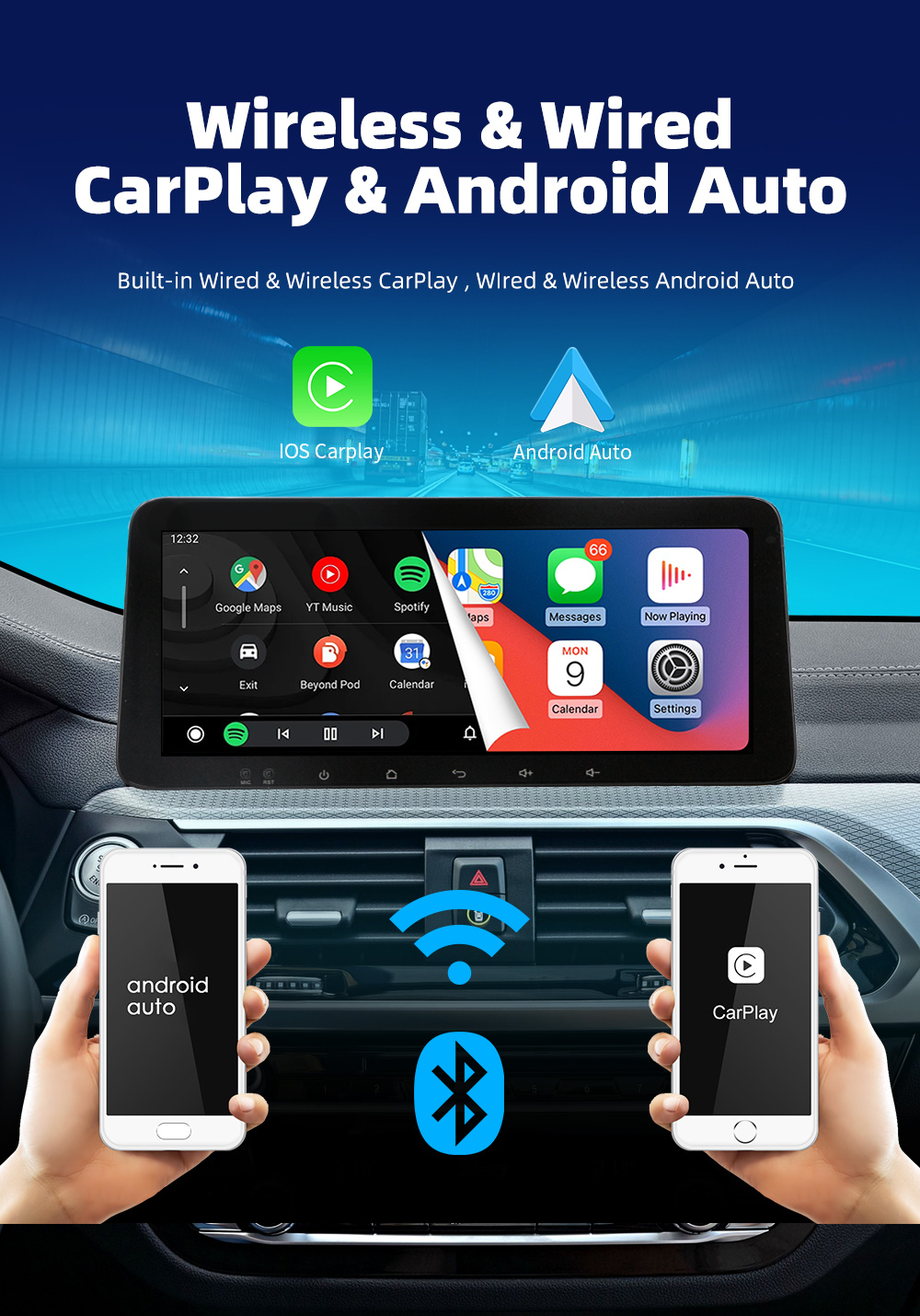 10 Inch Android 12 Car Radio with Wireless Carplay Android Auto IPS Screen Double Din