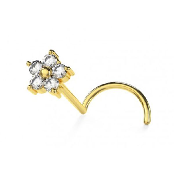 Flower Shape 18k Gold Diamond Nose Stud With 1.5mm 0.07ct 4 Pieces Genuine Diamonds