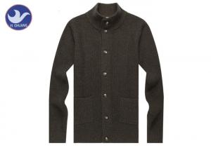 China Stand Collar Mens Dark Brown Cardigan Sweater , Mens Cotton Cardigans With Pockets on sale