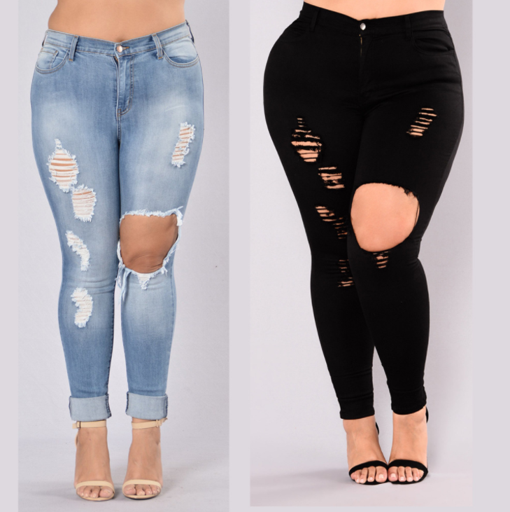 Wholesale fashion women denim pants plus size broken holes jeans
