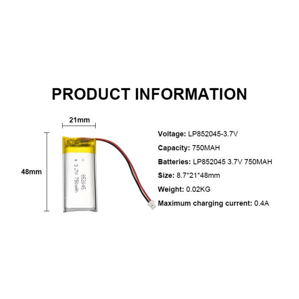 LP852045 Lithium Polymer Battery 750mah 3.7v Rechargeable LiPo Battery