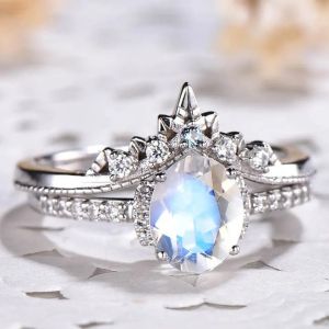 Rainbow Moonstone Engagement CZ Rings 925 Sterling Silver