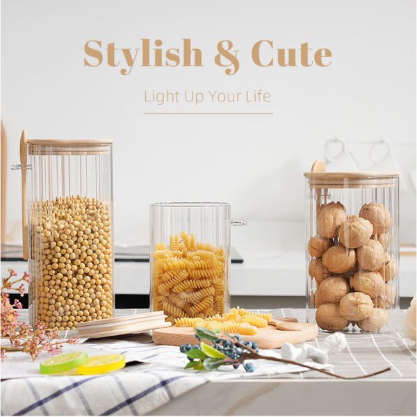 Ribbed Design High Borosilicate Glass Jar with Bamboo Lid for Kitchen Storage and Meal Prep