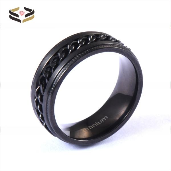 Gear Step Edge Black Titanium Rings Stainless Steel Chain Braided Inlay 8mm