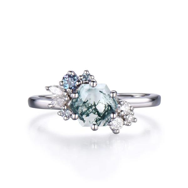 Hexagon Cut Natural Moss Agate Vintage Unique Moissanite Bridal Ring For Art Deco