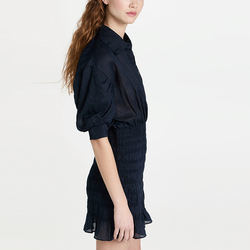 Ladies Casual Dress Collared Neck Elbow Length Puff Sleeve Ruffle Hem Polyester Smocked Shirt Dress for Women