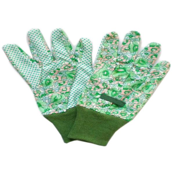 Green Knit Wrist Working Hands Gloves Green PVC Dot Grip Garden Cotton Canvas Gloves