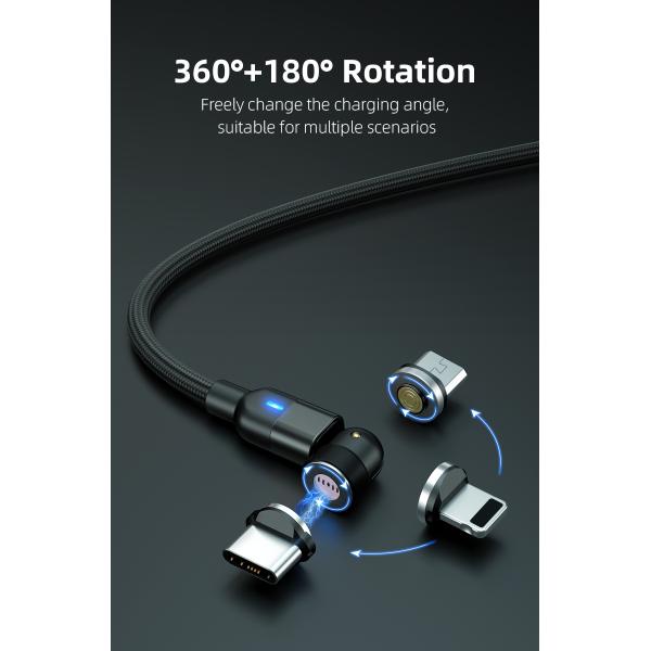 540° rotation USB magnetic cable nylon braided 3 in 1 magnetic cable fast charging 3A type C cable charger