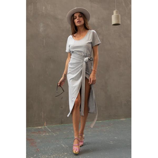 Clothing Fashion Women White T-shirt Wrap Midi Dress with Slit