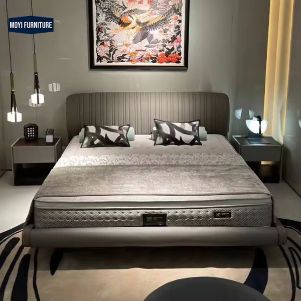 Microfiber Upholstered Double Italian Bed King Size Luxury Modern Frame Design Furniture Queen Size Bed Bedroom Interior