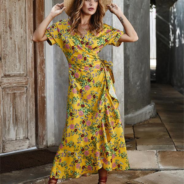 Printed Ladies Maxi Dress Polyester S Xl Short Sleeve Party Casual V Neck