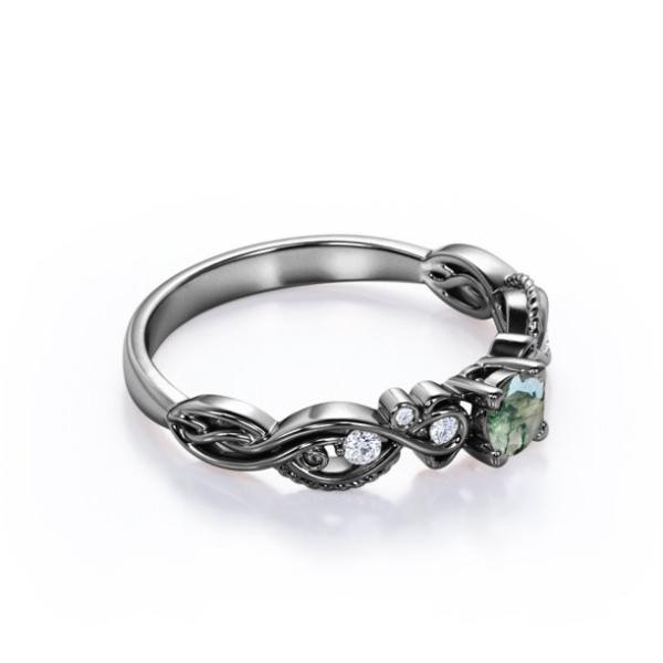 Brilliant Cut Solid Finely Veined Moss Green Agate and Moisssanite Victorian Style Filigree Engagement Ring