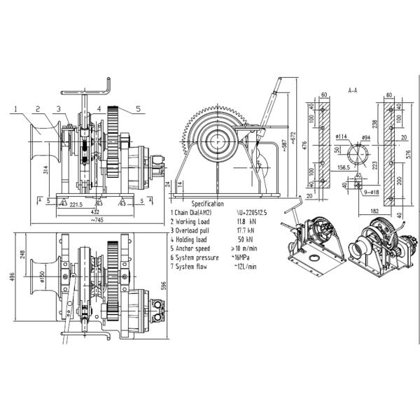 Boat Hydraulic Anchor Windlass with Single Gypsy Single Warping End Ship Deck Equipment