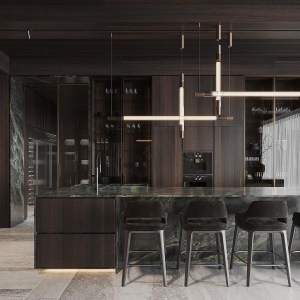 Luxury Home Furniture Modular Walnut Wood Veneer Matt Black Color Glass Door Kitchen Cabinet Modern Design