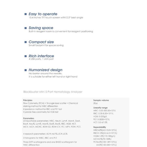 Automated Quick Tester 5-part Blood Counter Biochemical Analysis System Classification
