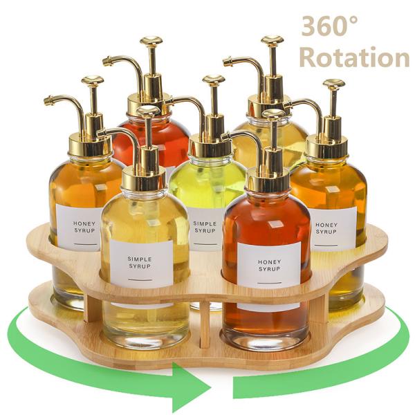 Single Tier Bamboo Rotating Coffee Syrup Organizer Rack 7 Bottles Holder Lazy Susan 33 x 35 x 8.7cm
