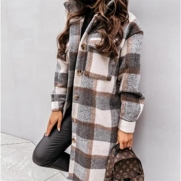 Autumn Winter Coats for Women 2023 Lapel Pocket Long Plaid Shirt Jacket Coat Woolen Fleece Plaid Long Coats for Women