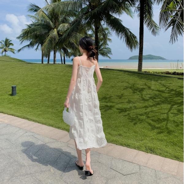 Strap A Line Backless White Midi Beach Holiday Dresses