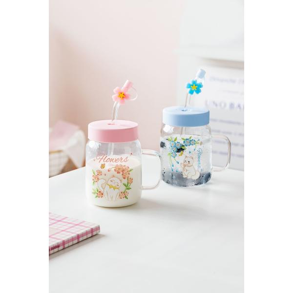 Charming Glass Mugs White Cat Flower Illustrations In Pink Blue Themes