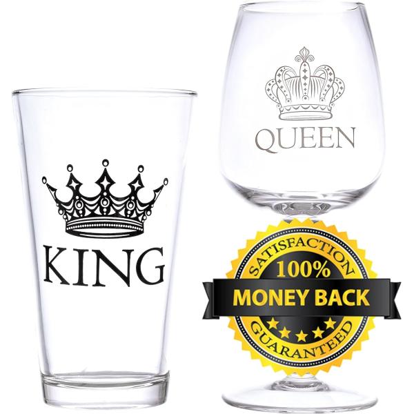 King Beer & Queen Wine Glass Set For Newlyweds Anniversaries
