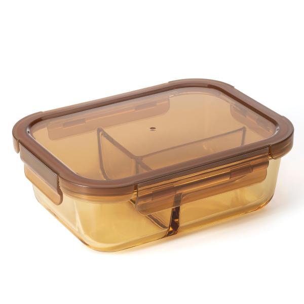 Amber Color Divided Glass Container with 4 Lock PP Lid and High Borosilicate Glass for 580ml-980ml Food Storage
