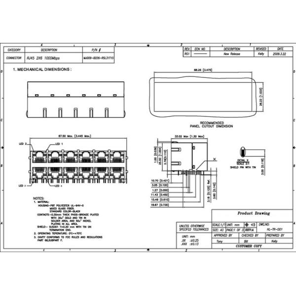 Double Row 2 X 6 Port Stacked RJ45 Female Jack Connectors 10 / 100 / 1000Mbps
