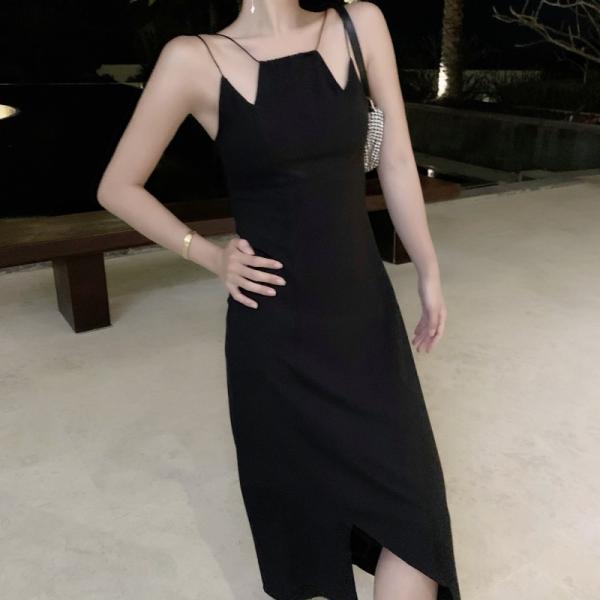 Retro Irregular Hem Suspender Sexy Elegant Black Dress