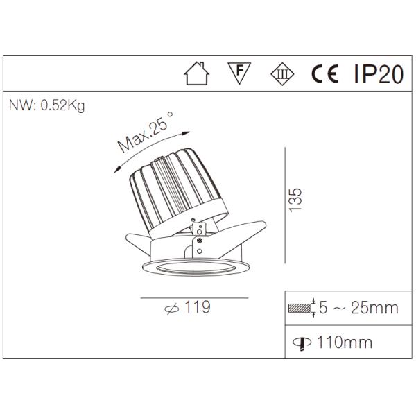 20W Adjustable COB LED Downlight New Design COB 20W LED Anti-glare Downlight Deep Recessed R3B0629