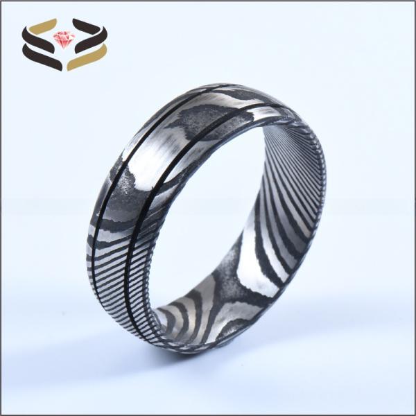 Men Black Damascus Steel Ring 8mm Double Groove for Engagement Wedding