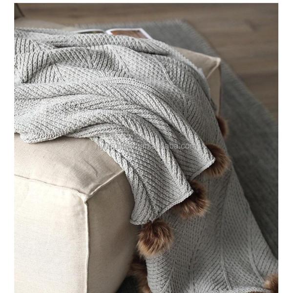 Y-F Home Decor New Nordic Style Soft Fluffy Chenille Knitted Pom Pom Tassel Sofa Throws Plush Couch Crochet Blanket