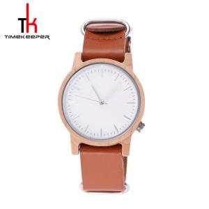 Quality Mens Wood Brown Leather Strap Watches Custom Logo Casual Style for sale