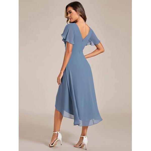Chic V-neck High-low Short Flutter Sleeves A-line Ruffles Midi Invisible Zipper Dusty Navy Chiffon Wedding Evening Dress