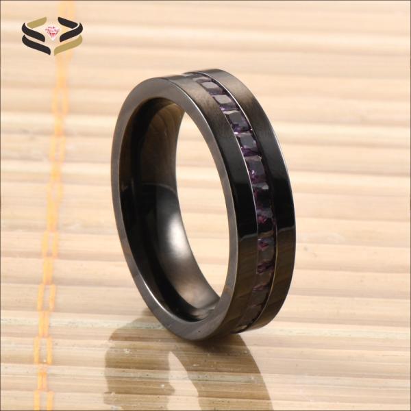 Purple CZ Stone Inlay Wedding Titanium Rings Black Plated Flat Edges Mens 6MM