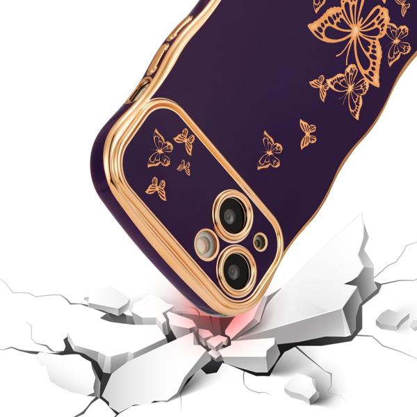 iPhone 13 girl phone case, curly wave frame, luxury plated butterfly pattern, TPU gold rim shock-proof lens protection