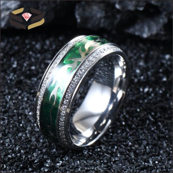 Men Silver Titanium Cubic Zirconia Wedding Band With Silver Clouds And Green Foil Inlay