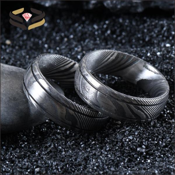 Men Black Damascus Steel Ring 8mm Double Groove for Engagement Wedding