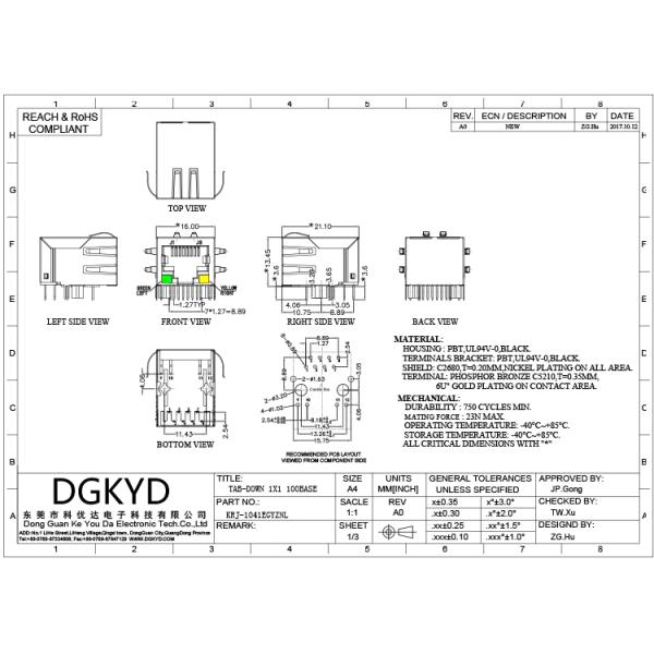 10/100BASE Tab Down Transformer RJ45 Network Connector With Led