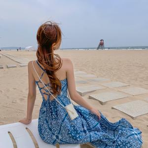 Quality Blue Back Tie Halter Strap 104cm Bohemian Beach Dress for sale