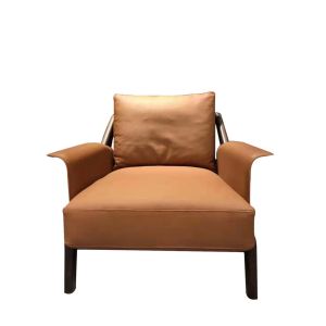 Down feather filled in Leather upholstered cushion Armchair sofa with Oak wood