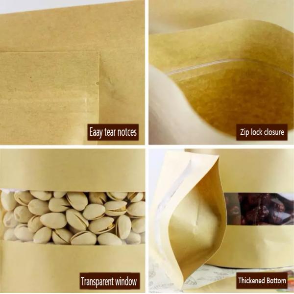 Clear Stand Up Recyclable Brown Kraft Paper Bag