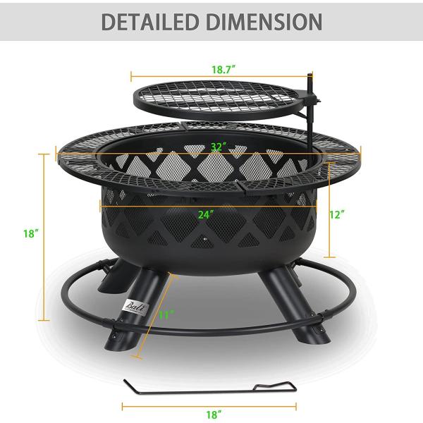 32'' Outdoor Wooden Brazier Round Fire Pit With Quick Removable Cooking Grill
