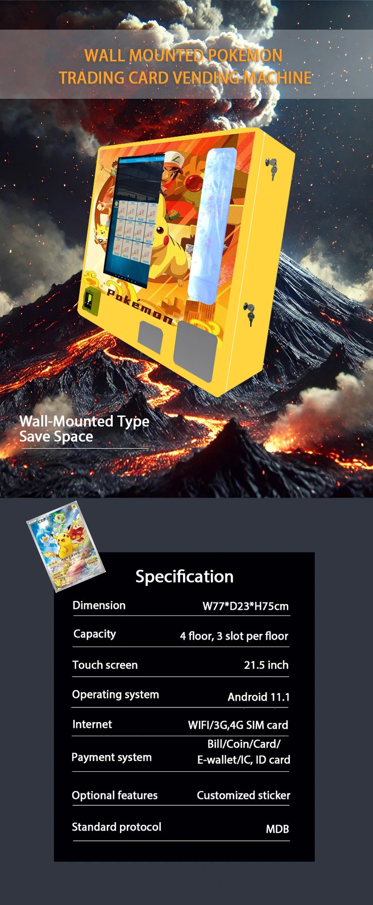 Mini Wall-mounted Pokemon TCG Vending Machine with Android 11.1 OS and Card Reader