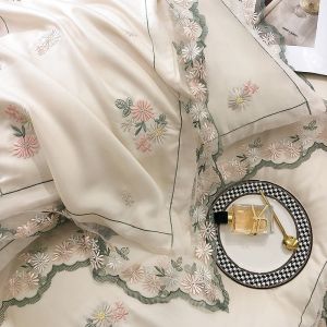 All-Season White Silk Queen King Size Bedding Set with Handmade Embroidery Lace