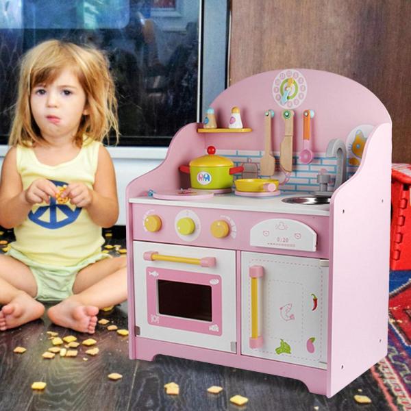 Utensils 30cm Pink Wooden Play Kitchen Tabletop Playhouse Toys