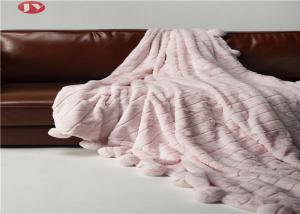 Quality Rabbit Faux Animal Fur Blanket Throw Pink Warm Cozy Cover With Pompoms Fringe Solid for sale